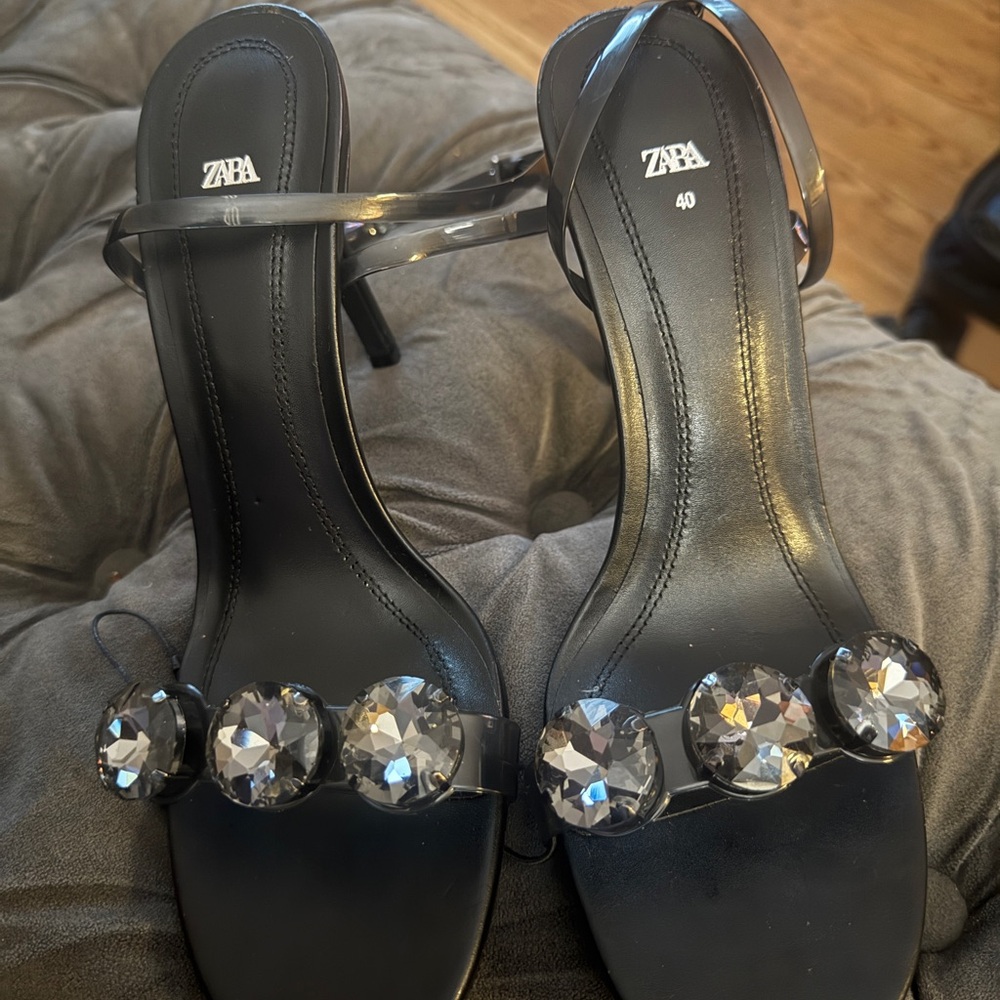 Zara Black Sandals with Crystal Accents